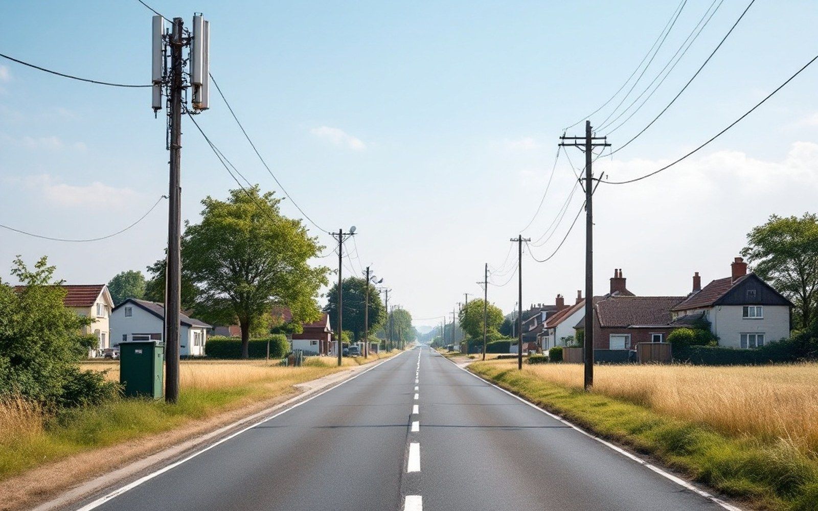 A rural road with houses spaced far apart under a wide sky