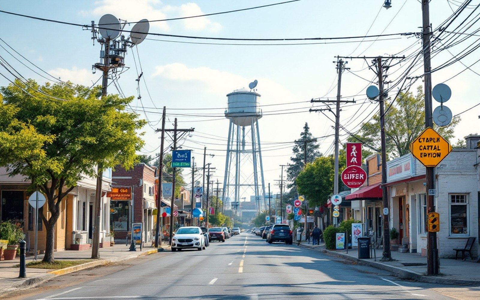 A small-town main street with overhead lines and a water tower behind